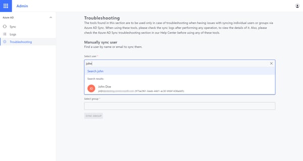 User drop-down in the Azure AD Sync Troubleshooting section