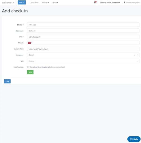 Add a check-in in the AskCody Visitor Management Portal