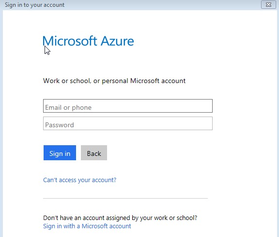 Microsoft Azure Login screen