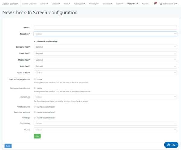 Check-in screen configuration in the AskCody Visitor Management Portal