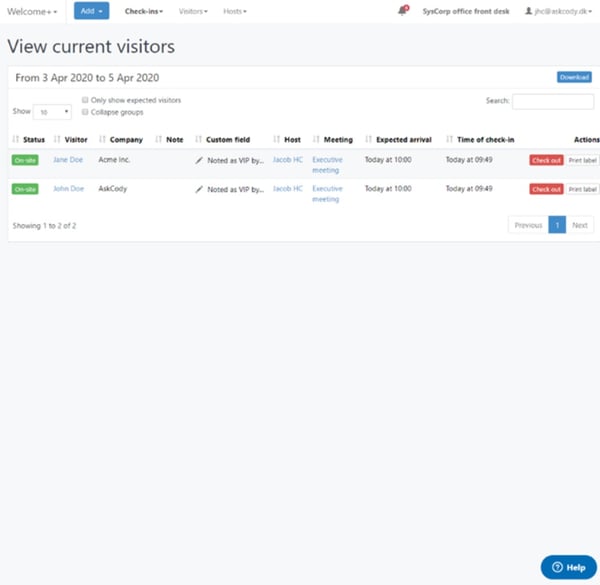 Current Visitors list in the AskCody Visitor Management Portal