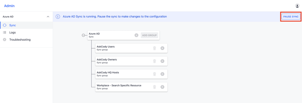 Pause sync button in AskCody Azure AD Integration configuration portal