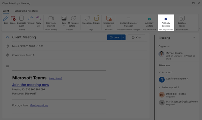 Highlight of the AskCody Services add-in in Outlook Ribbon