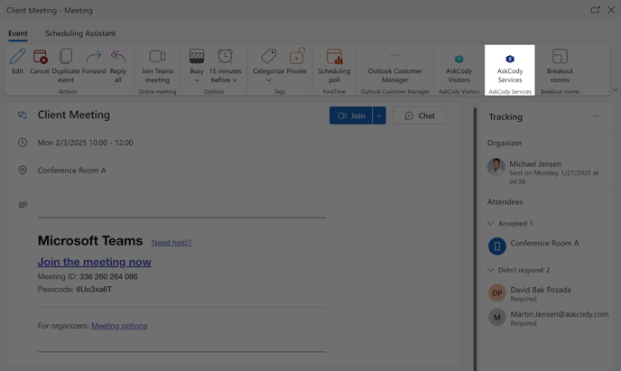 Highlight of the AskCody Services add-in in Outlook Ribbon