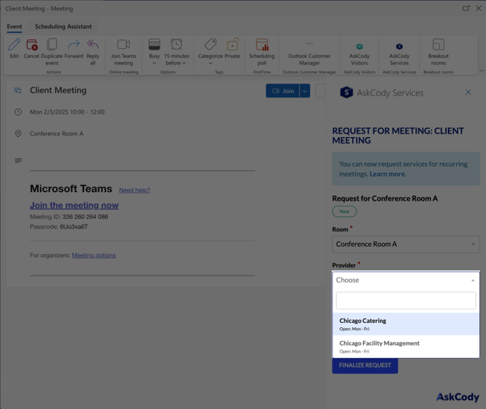 Provider selection screen on the AskCody Services Add-in