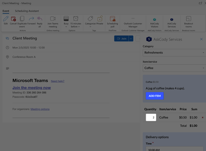 Edit quantity of Items from quantity field or add item button in AskCody Services Add-in