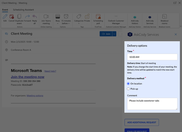 Delivery options on the AskCody Services Add-in for Outlook