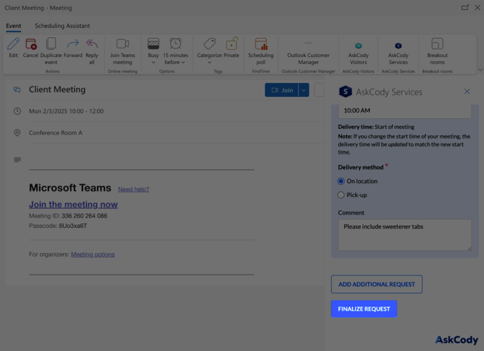 Finalize Request button on the AskCody Services Add-in