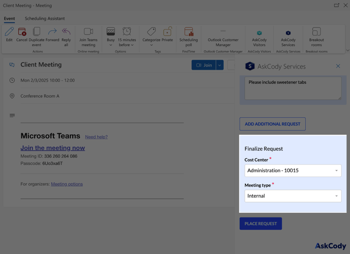 Custom Property fields within the AskCody Services Add-in for Outlook