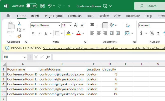 Screenshot of a spreadsheet with meeting room information