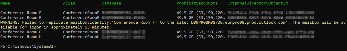 Screenshot of a PowerShell result message with meeting rooms created in Microsoft Exchange