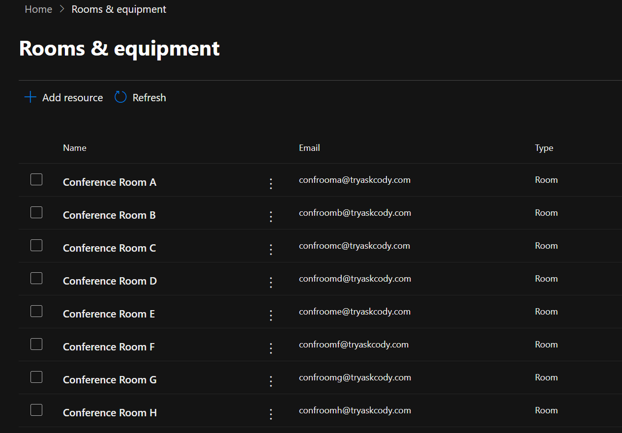 Screenshot of meeting rooms within Microsoft Exchange