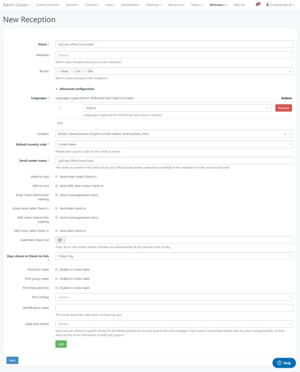 Reception settings in the AskCody Visitor Management Portal