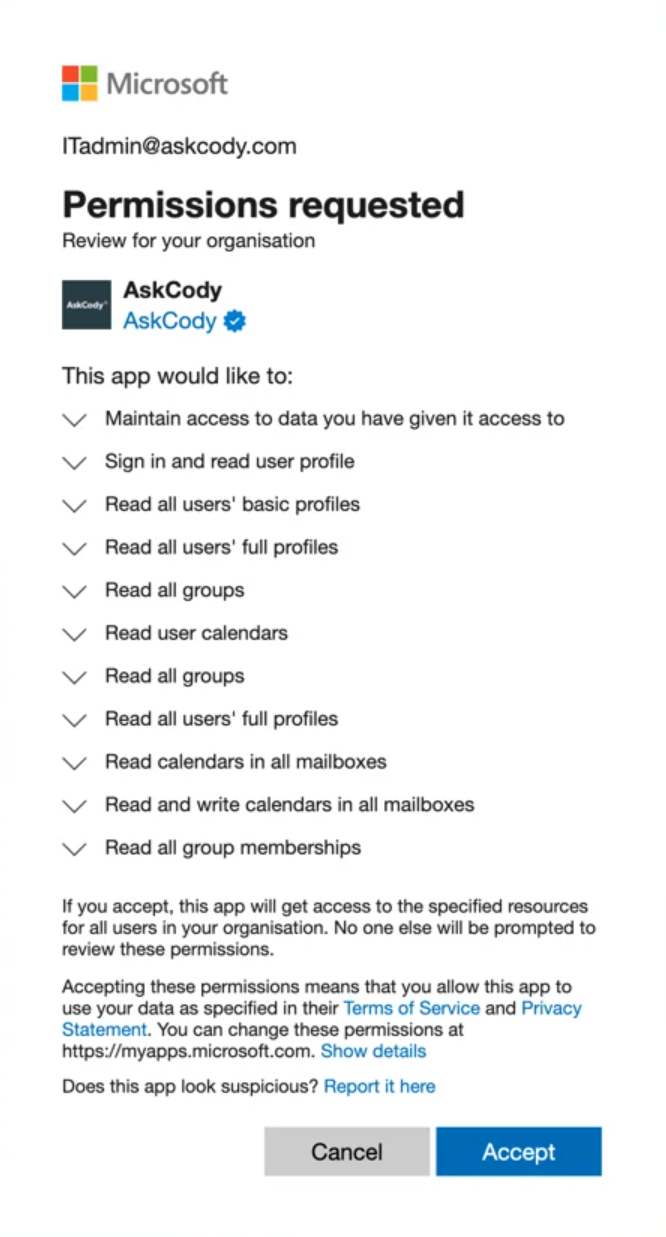 List of Azure Permissions required by AskCody in Entra ID